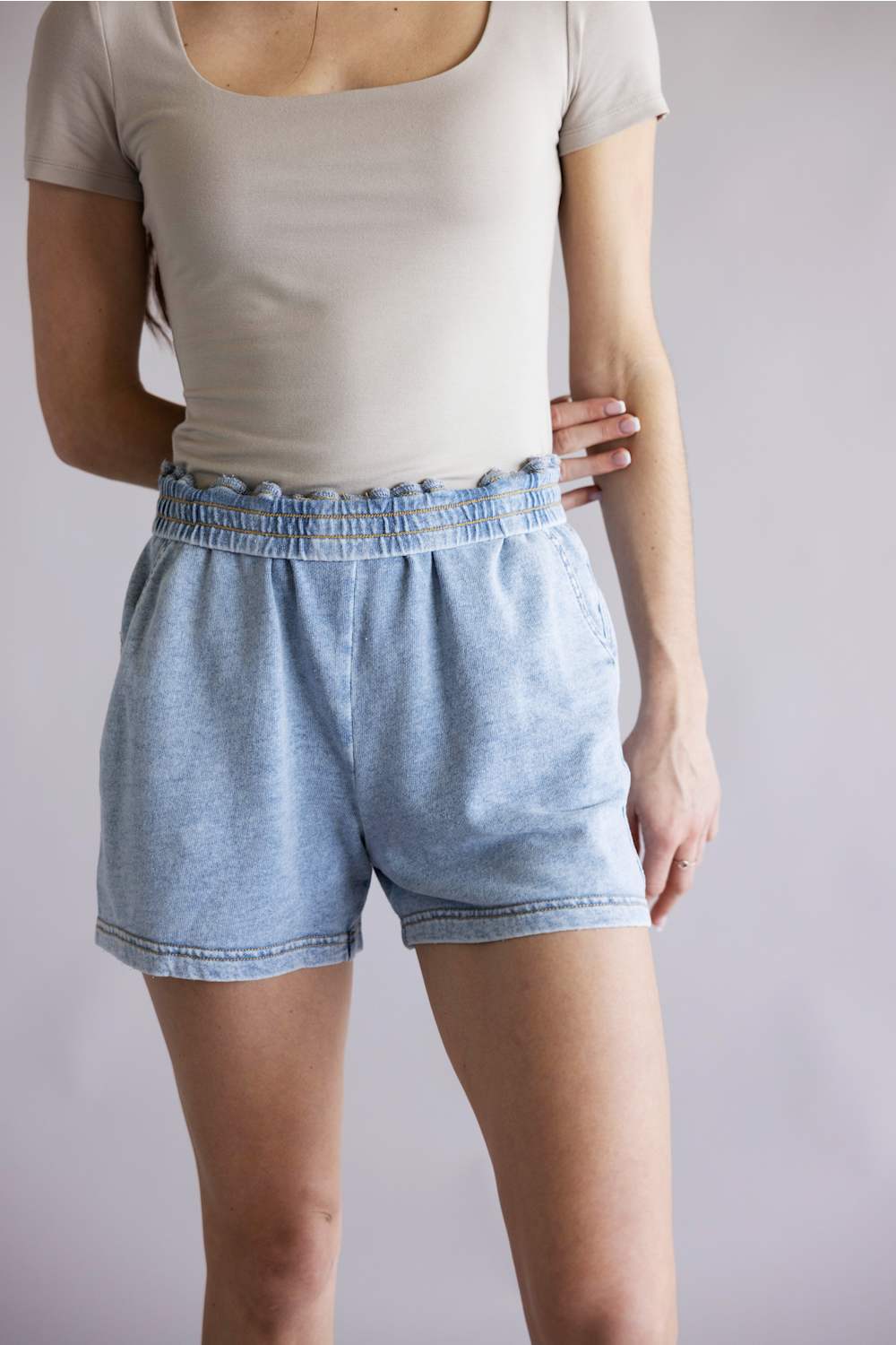 BeCool Elastic Waist Washed Shorts for Women in Light Denim