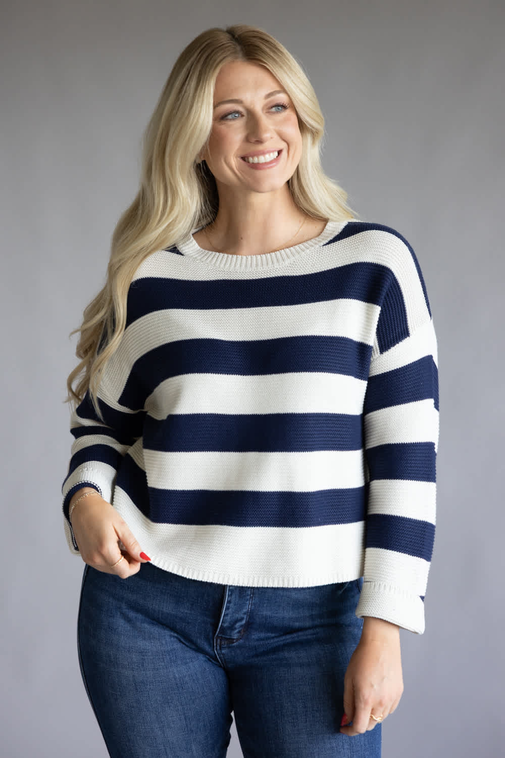 Drop Shoulder Striped Sweater for Women in Navy