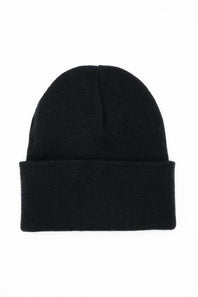 A classic black ribbed knit beanie hat with a folded cuff, shown flat against a solid white background.