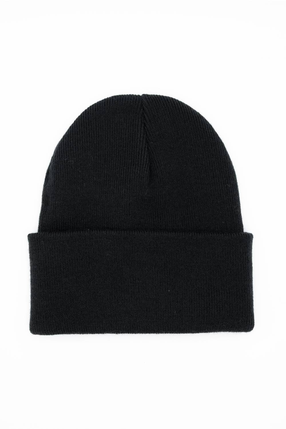 A classic black ribbed knit beanie hat with a folded cuff, shown flat against a solid white background.