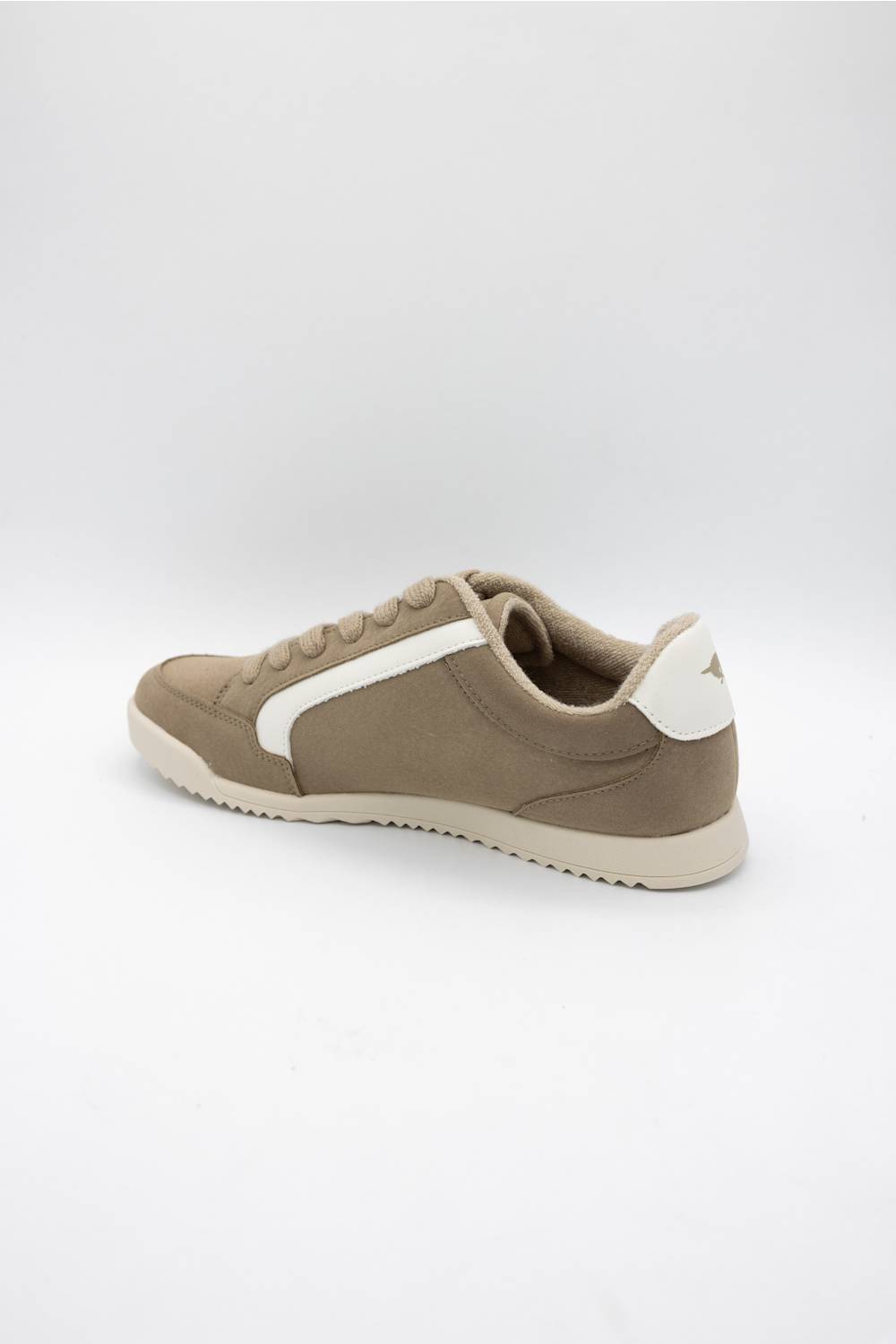 A low-top sneaker in taupe brown suede and canvas with a contrasting white side stripe, white heel tab, and white sole, shown from a side profile view on a light gray background.