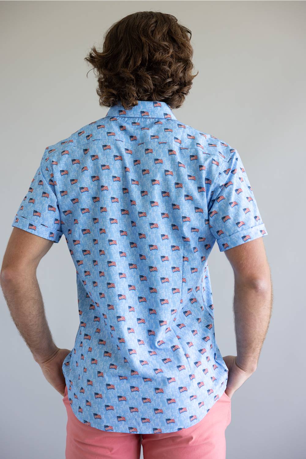  USA Flag Pattern Button Down Shirt for Men in Blue. 