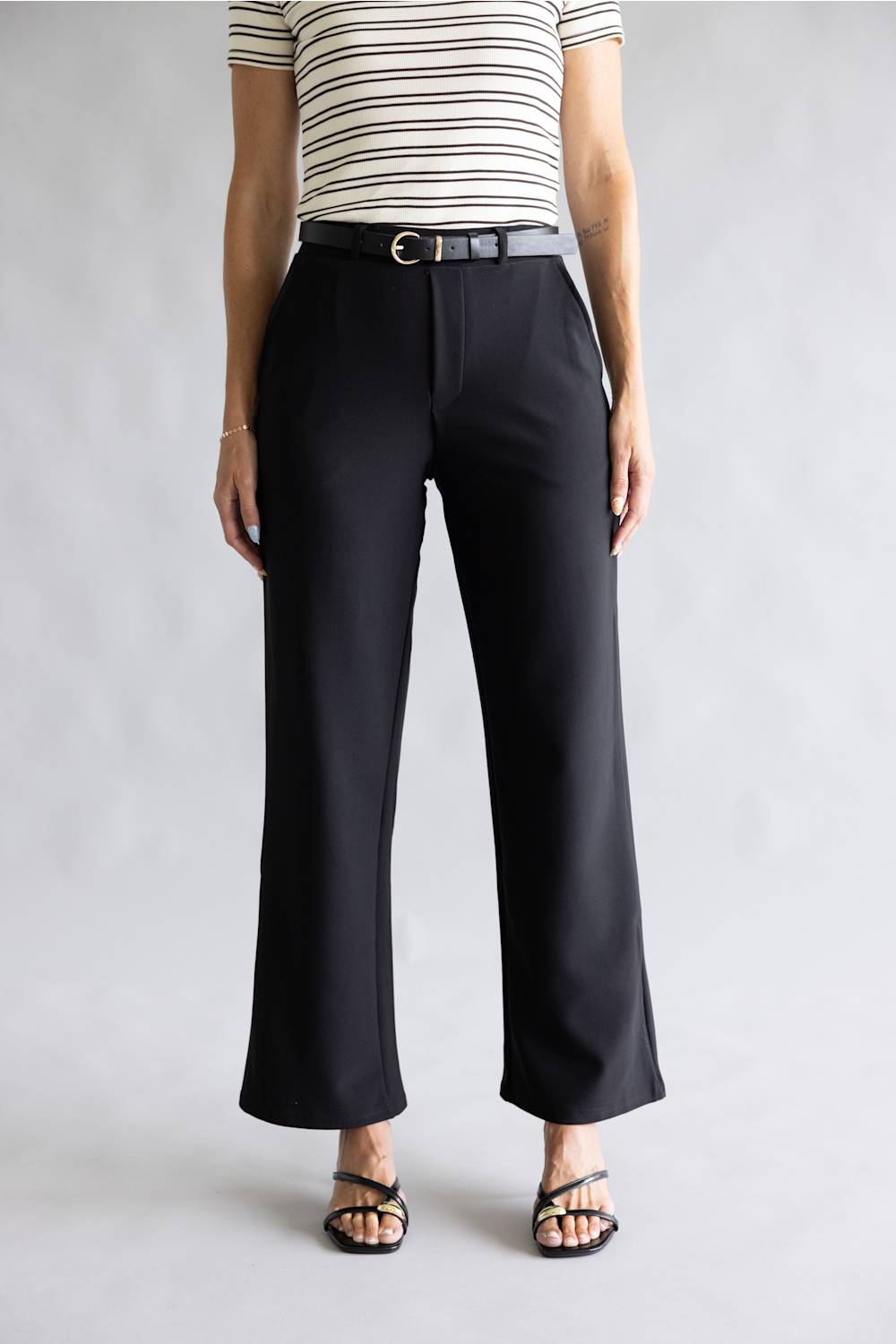 Belted Wide Leg Trouser Pants for Women in Black
