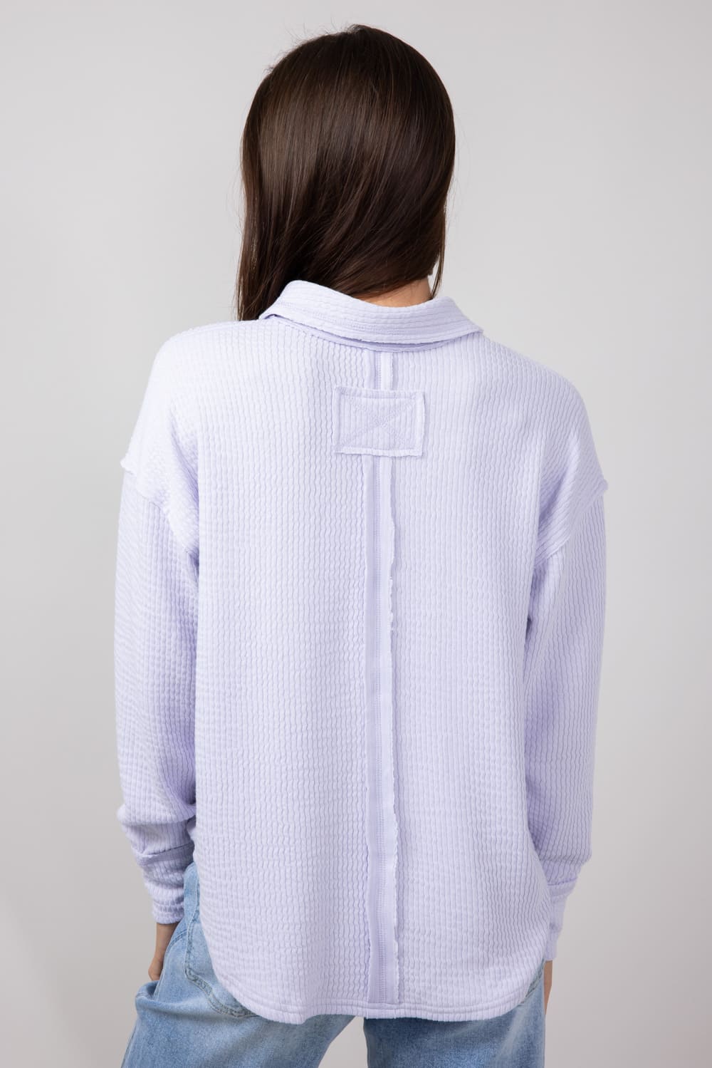 Blu Pepper Ribbed Knit Johnny Collar Polo Shirt for Women in Lavender