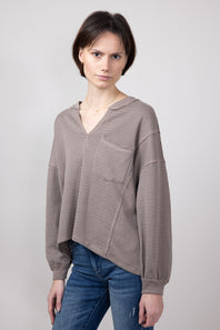 Blu Pepper Notched V-neck Knit Top for Women in Light Mocha
