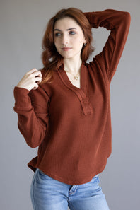 Blu Pepper Ribbed Knit Johnny Collar Polo Shirt for Women in Rust