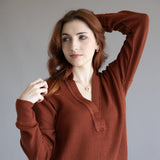 Blu Pepper Ribbed Knit Johnny Collar Polo Shirt for Women in Rust