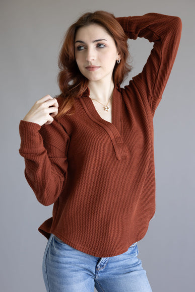 Blu Pepper Ribbed Knit Johnny Collar Polo Shirt for Women in Rust