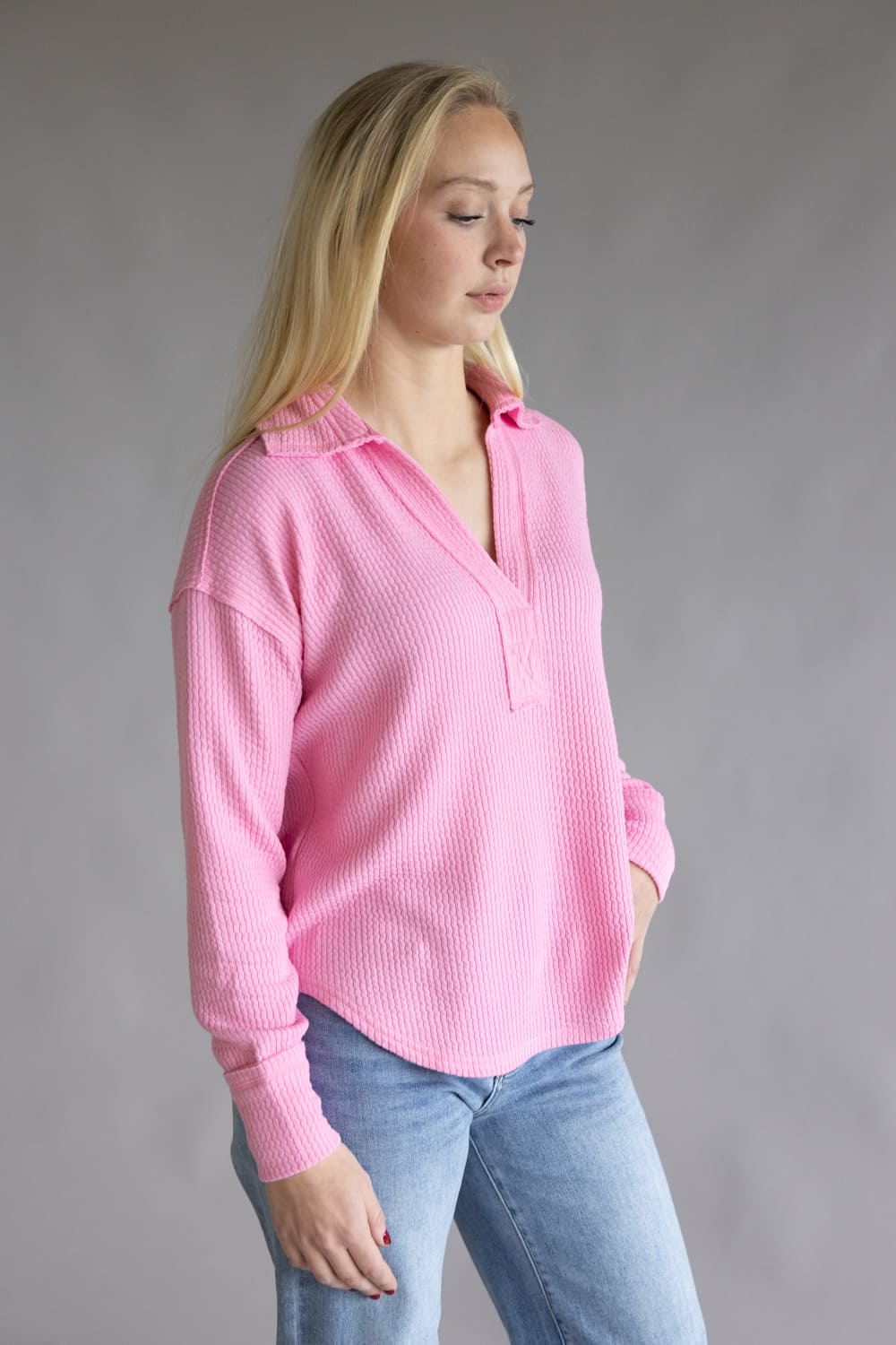 Blu Pepper Ribbed Knit Johnny Collar Top for Women in Light Pink | B3FT1012GL-LIGHTPINK
