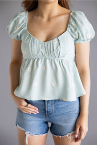 Blu Pepper Woven Floral Puff Sleeve Top for Women in Mint