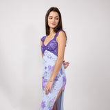 Mesh Floral Print Lace Detail Maxi Dress for Women in Light Blue