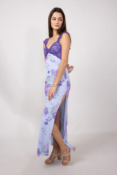 Mesh Floral Print Lace Detail Maxi Dress for Women in Light Blue