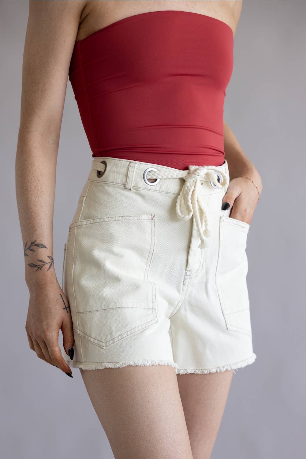 Braided Tie Waist Denim Shorts for Women in Ecru