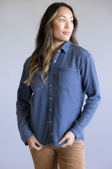 C&C California Mineral Wash Thermal Button Front Shirt for Women in Vintage Indigo
