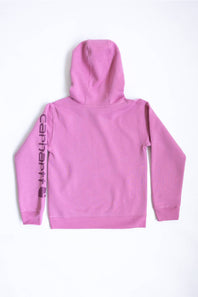 A pink Carhartt zip-up hoodie shown from the back, featuring the brand name printed vertically in black on the left sleeve, laid flat against a white background.