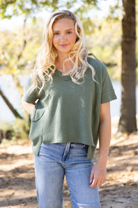 Textured V-Neck Seam Detail Top for Women in Olive
