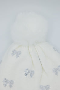 C.C. Bow Rhinestone Pom Beanie for Women in White