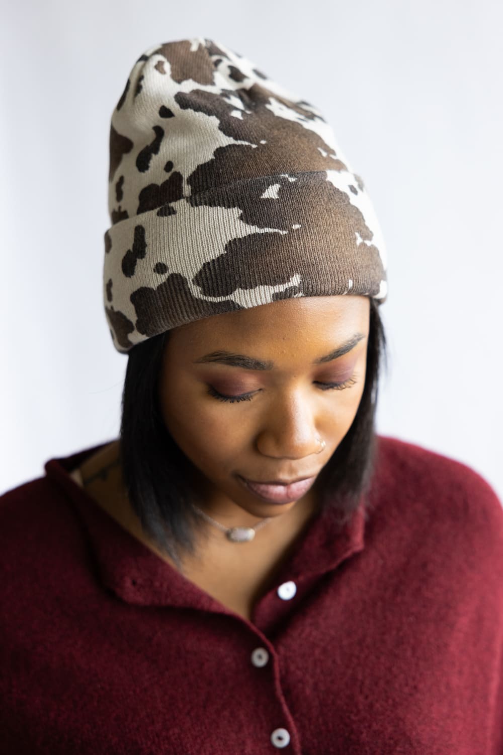 C.C. Cow Pattern Beanie for Women in Brown