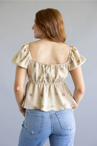 Blu Pepper Woven Floral Puff Sleeve Top for Women in Taupe