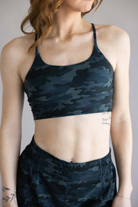 Local Girl Crossover Strap Sports Bra for Women in Black Camo