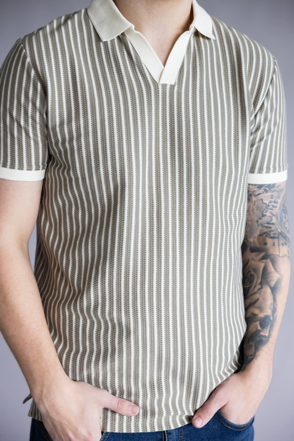 Denim & Flower Striped Crochet Knit Sweater Polo for Men in Green