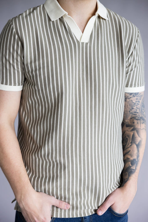 Denim & Flower Striped Crotchet Knit Sweater Polo for Men in Green/Cream