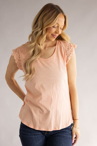 C&C California Coco Crotchet Sleeve Tee for Women in Coral