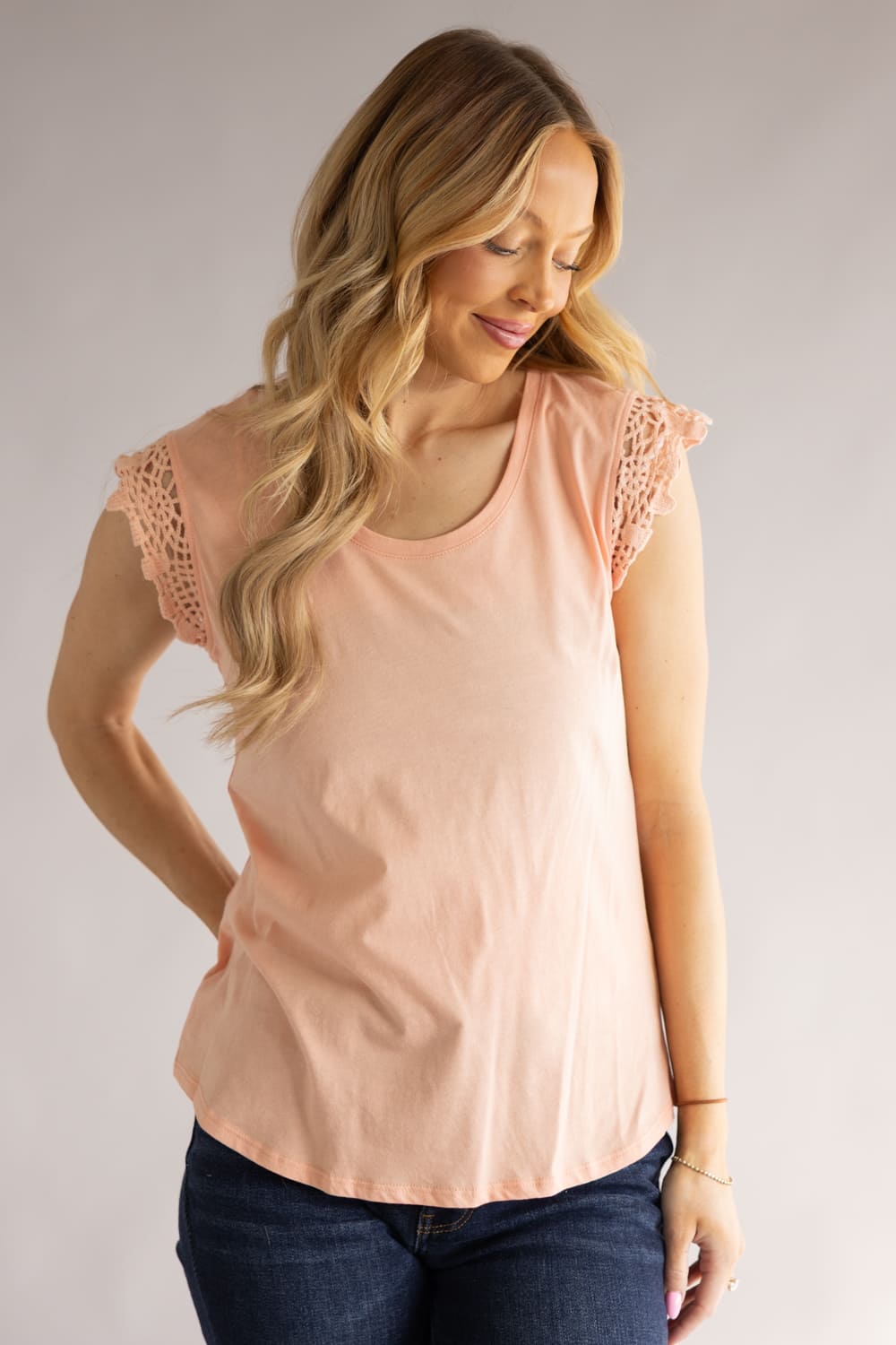 C&C California Coco Crotchet Sleeve Tee for Women in Coral