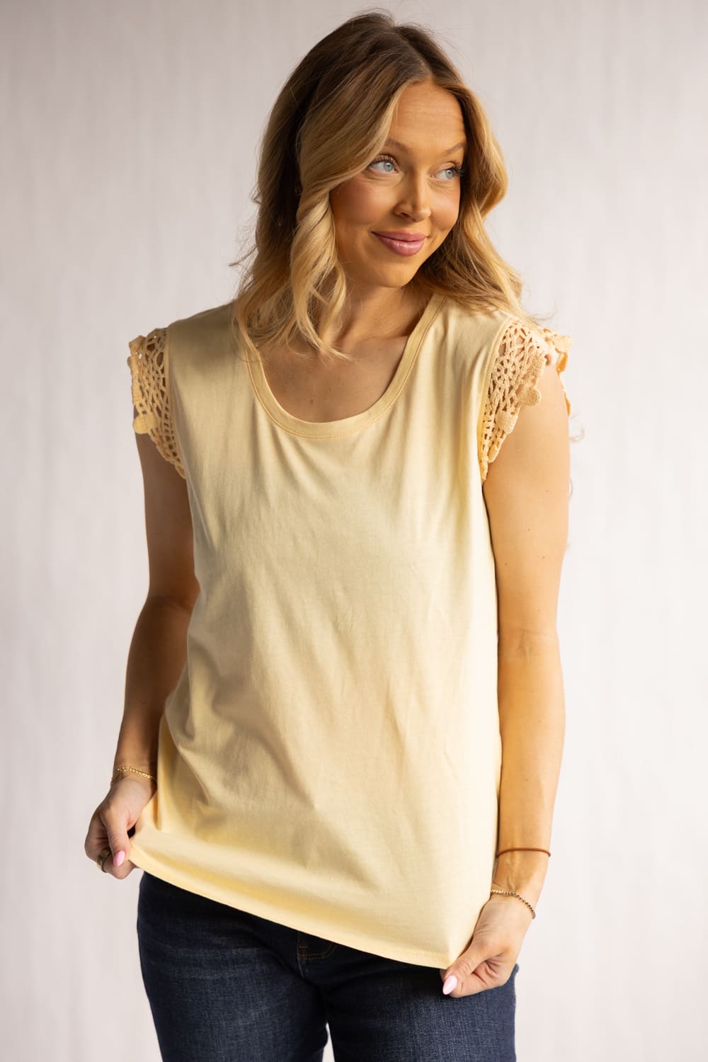 C&C California Coco Crotchet Sleeve Tee for Women in Golden