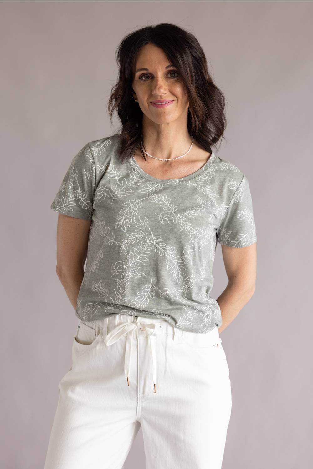 C&C California Karlie Printed Tee for Women in Vetiver Viney Leaves