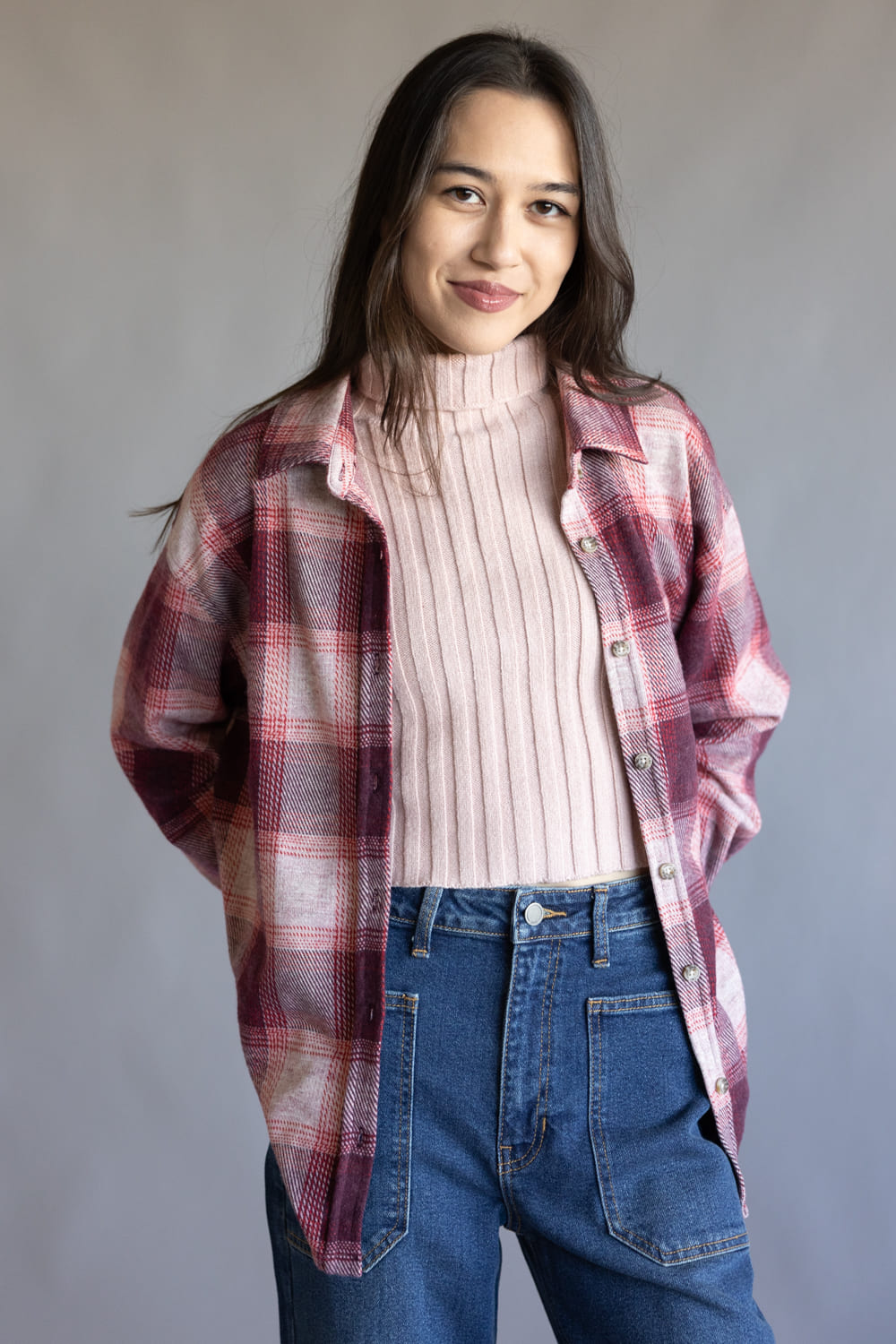 C&C California Kat Oversized Plaid Knit Shirt for Women in Red Plaid