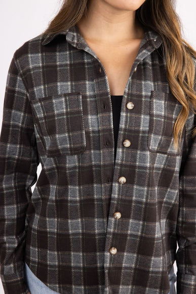 C&C California Marina Jacquard Plaid Button Up Shirt for Women Silver Grey
