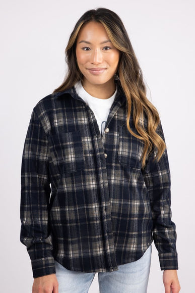 C&C California Marina Jacquard Plaid Button Up Shirt for Women in Navy