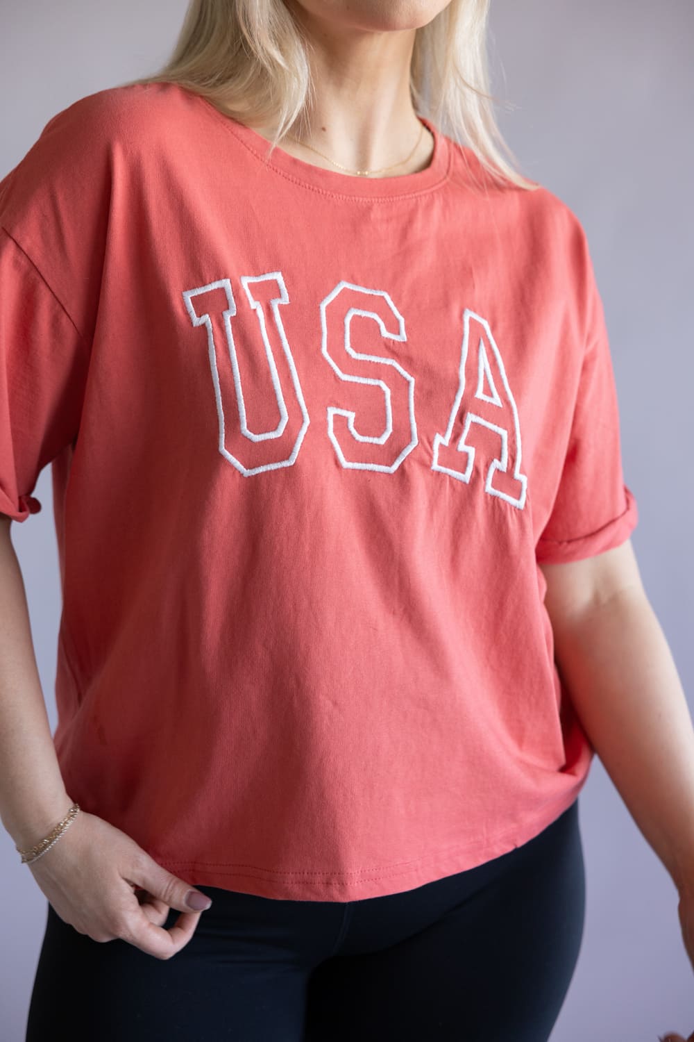 C&C California Melissa Embroidered USA T-Shirt for Women in Cranberry