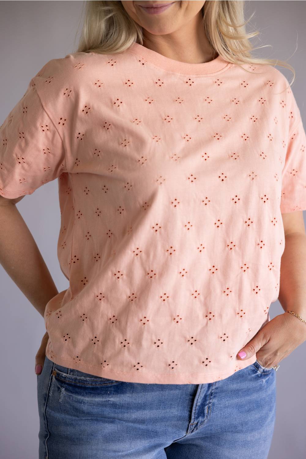 C&C California Toni Eyelet Boxy Crew Tee for Women in Coral Pink