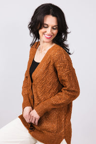 Cable Knit Button Front Cardigan for Women in Cinnamon Stick