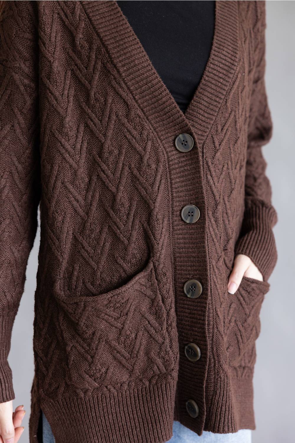 Cable Knit Button Front Cardigan for Women in Cocoa
