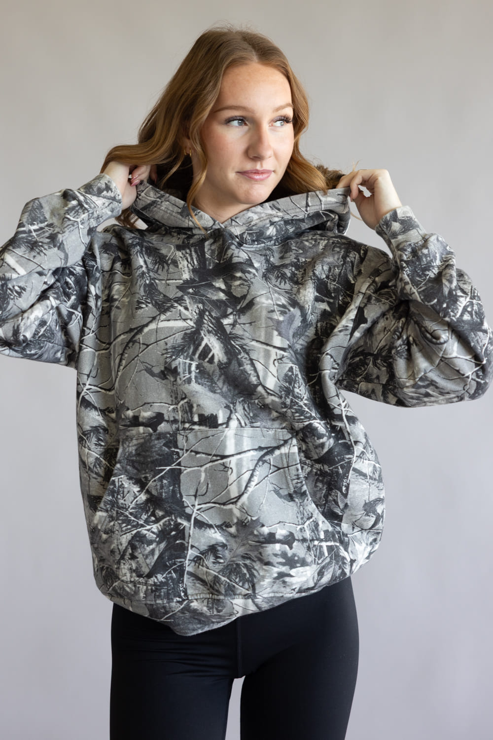 Camo Print Heavyweight Vintage Hoodie for Women in Grey