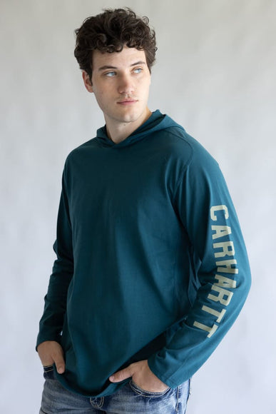 Carhartt Force Relaxed Fit Midweight Long Sleeve Logo Hooded T-Shirt for Men in Greenstone | 106654-GM1