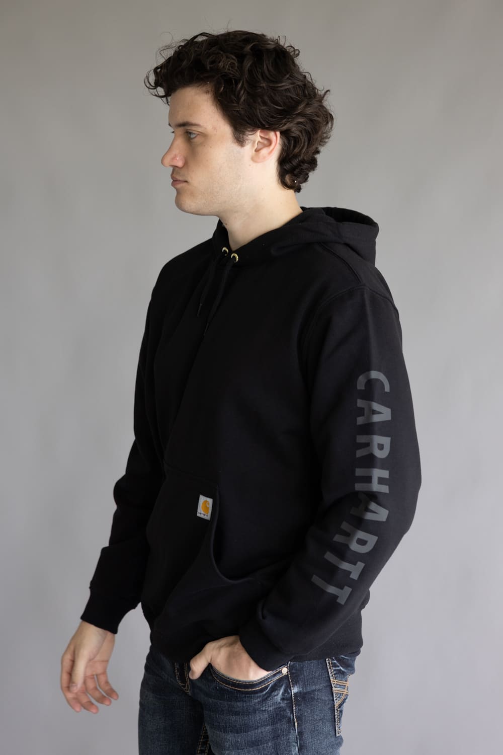 Carhartt Rain Defender Midweight Logo Sleeve Hoodie for Men in Black