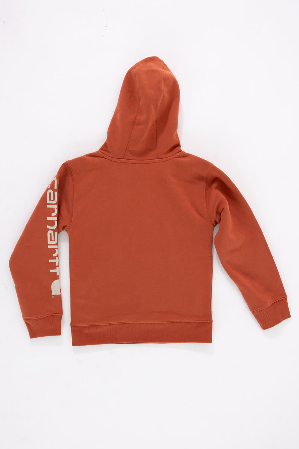 Back view of a boys' burnt brick orange pullover hoodie with an attached hood, ribbed waist hem and sleeve cuffs, and a bold white Carhartt logo visible along the left sleeve against a solid white background.