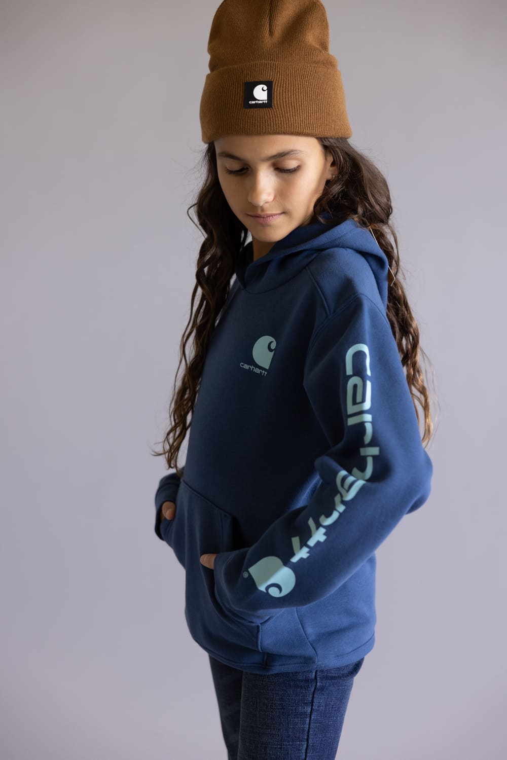 Carhartt Youth Classic Pullover Hoodie for Girls in Dark Denim Blue