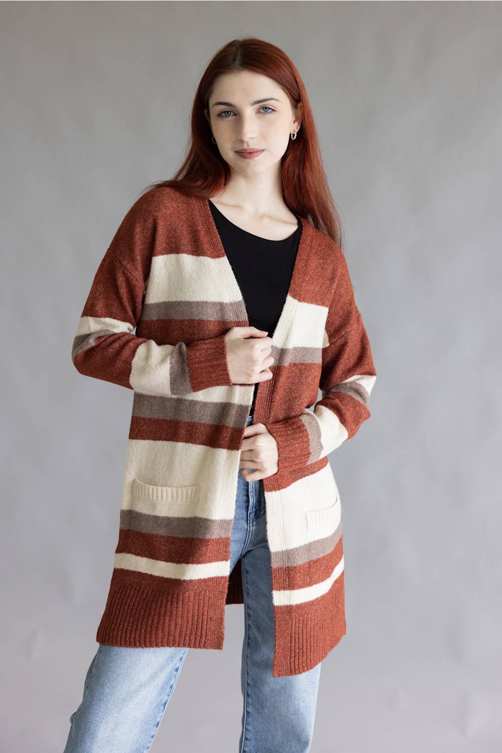 Color Block Striped Cardigan for Women in Wine | LF2S43532-WIN