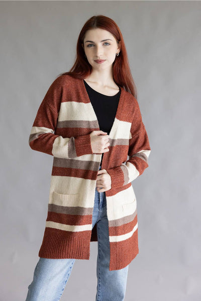 Color Block Striped Cardigan for Women in Wine | LF2S43532-WIN
