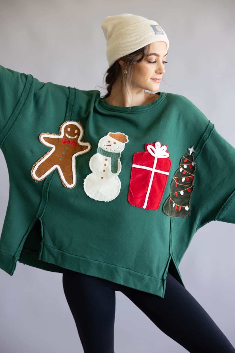 Corduroy Christmas Patchwork Crew Neck for Women in Hunter Green
