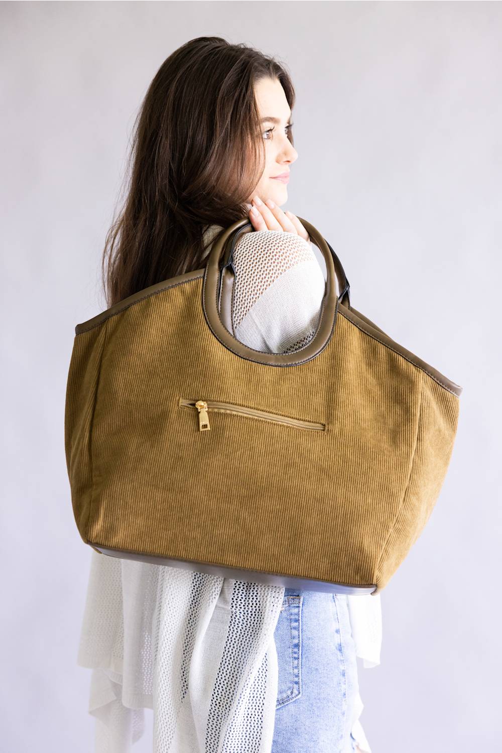Corduroy Hobo Bag for Women in Taupe