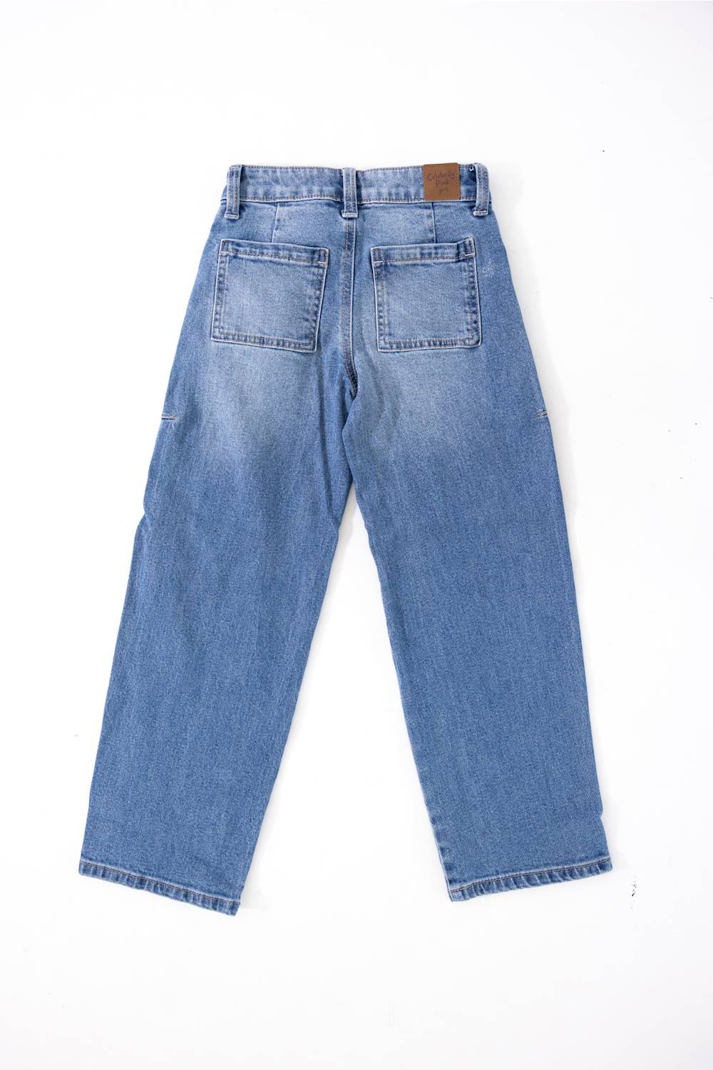 Light blue denim jeans shown from the back, featuring a classic five-pocket design and a brown leather patch at the back waistband, laid flat on a white background.