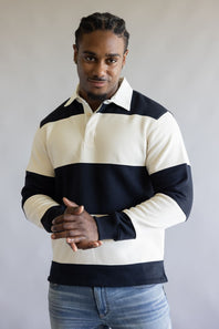 Denim & Flower Polo Fleece Stripe Pullover for Men in Cream/Navy