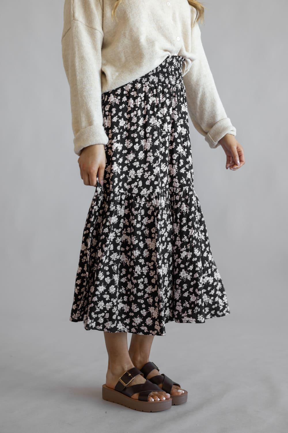 Ditsy Floral Tiered Smocked Waist Midi Skirt for Women in Black/Taupe