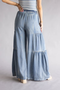 Side Ruffle Washed Wide Leg Pants for Women in Denim